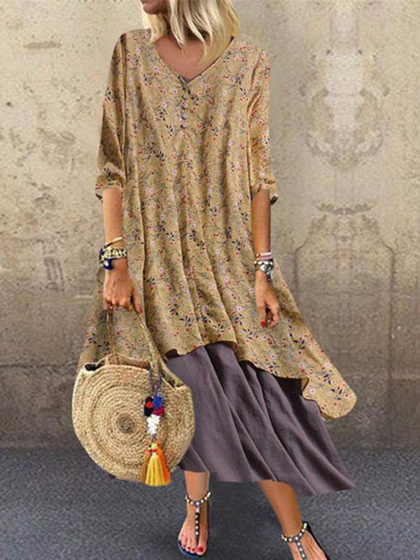 V Neck Women Dresses A-Line Going Out Boho Cotton Dresses