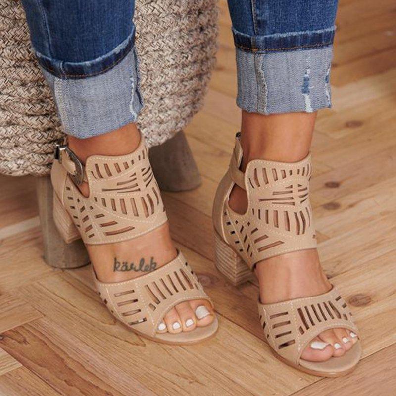 Women Artificial Leather Chunky Heel Adjustable Buckle Sandals Casual Shoes