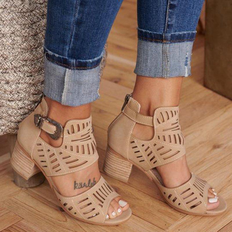 Women Artificial Leather Chunky Heel Adjustable Buckle Sandals Casual Shoes