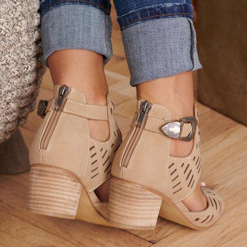Women Artificial Leather Chunky Heel Adjustable Buckle Sandals Casual Shoes