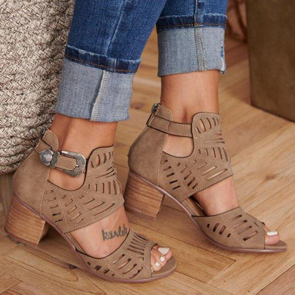 Women Artificial Leather Chunky Heel Adjustable Buckle Sandals Casual Shoes