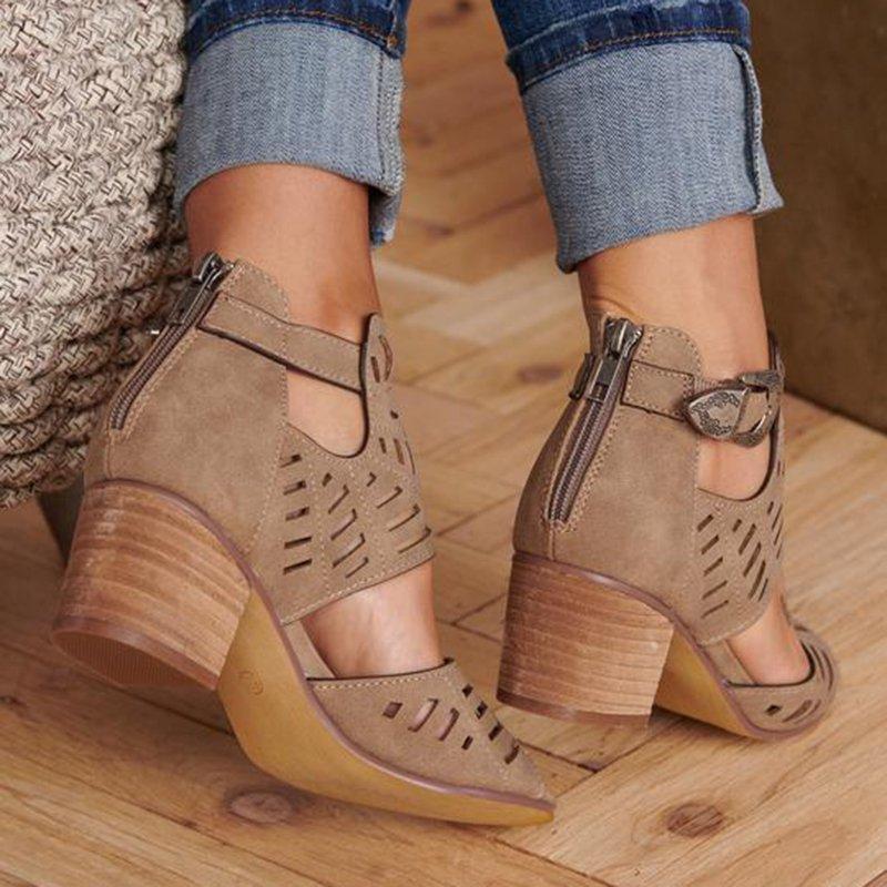 Women Artificial Leather Chunky Heel Adjustable Buckle Sandals Casual Shoes
