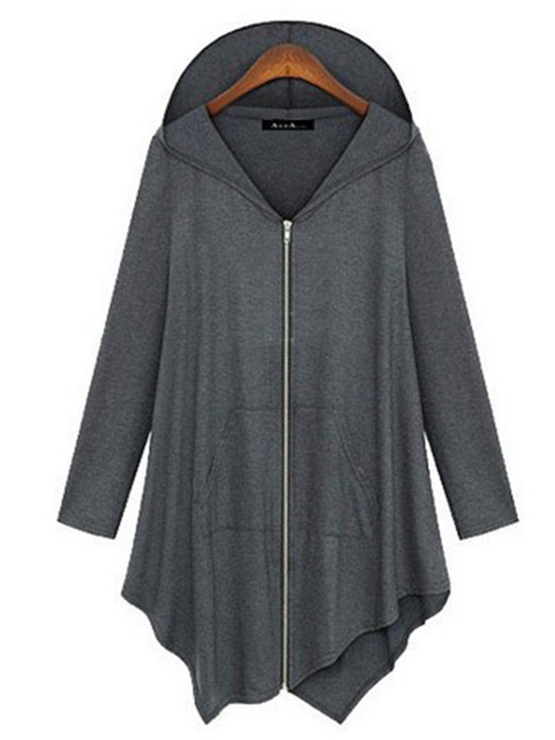 Women Hoodie Long Sleeve Solid Asymmetric Plus Size Coat